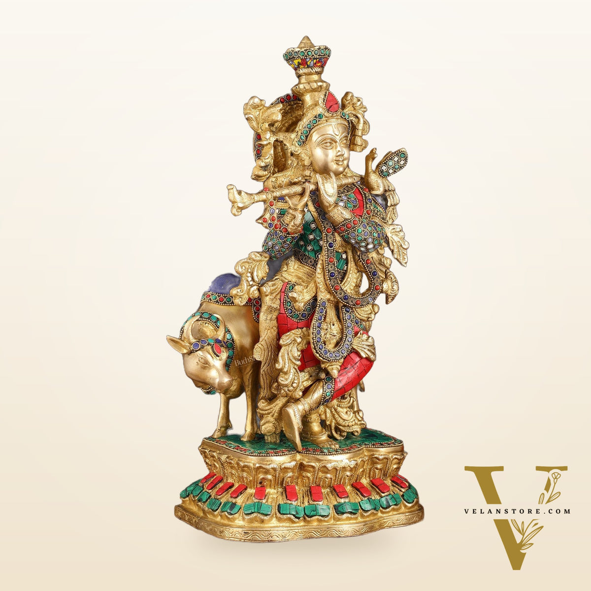 Handcrafted Brass Lord Krishna with Cow Statue - 17 Inch