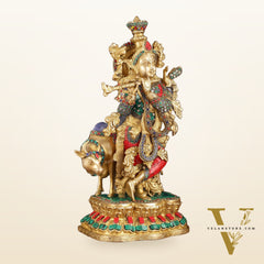 Handcrafted Brass Lord Krishna with Cow Statue - 17 Inch