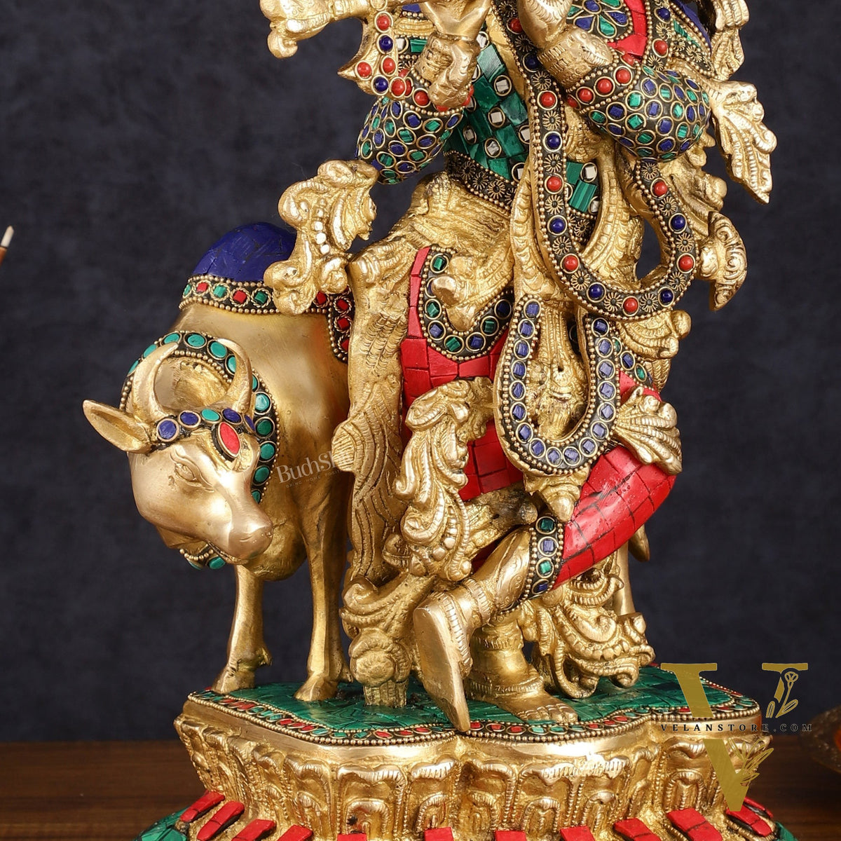 Handcrafted Brass Lord Krishna with Cow Statue - 17 Inch