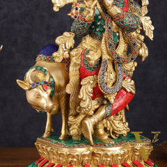 Handcrafted Brass Lord Krishna with Cow Statue - 17 Inch
