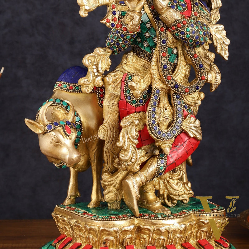 Handcrafted Brass Lord Krishna with Cow Statue - 17 Inch