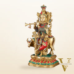 Handcrafted Brass Lord Krishna with Cow Statue - 17 Inch