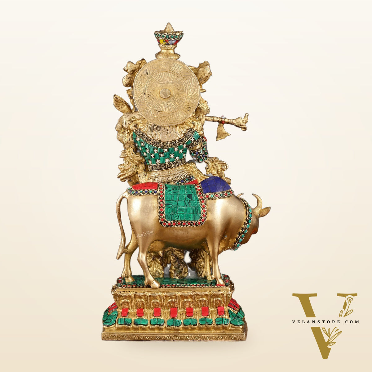 Handcrafted Brass Lord Krishna with Cow Statue - 17 Inch