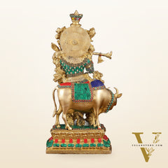 Handcrafted Brass Lord Krishna with Cow Statue - 17 Inch