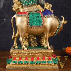 Handcrafted Brass Lord Krishna with Cow Statue - 17 Inch