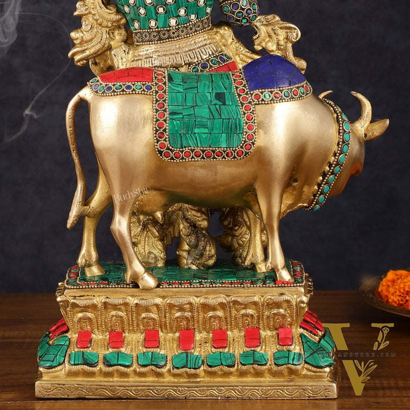 Handcrafted Brass Lord Krishna with Cow Statue - 17 Inch