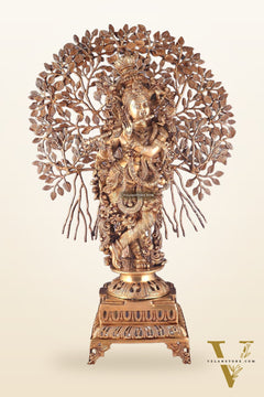 Handcrafted Brass Lord Krishna with Kalpavriksha Statue - 36 inch shiny gold
