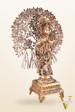 Handcrafted Brass Lord Krishna with Kalpavriksha Statue - 36 inch shiny gold