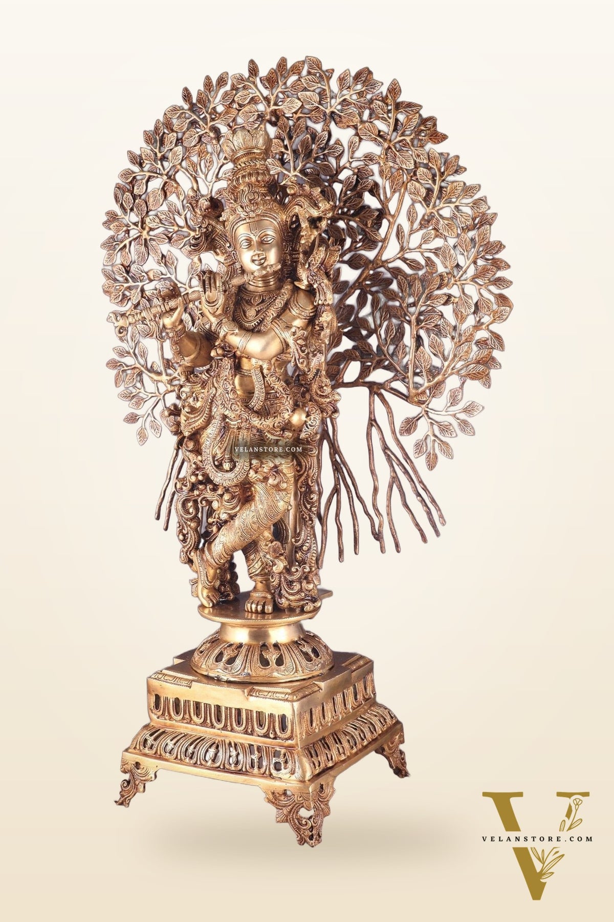 Handcrafted Brass Lord Krishna with Kalpavriksha Statue - 36 inch shiny gold