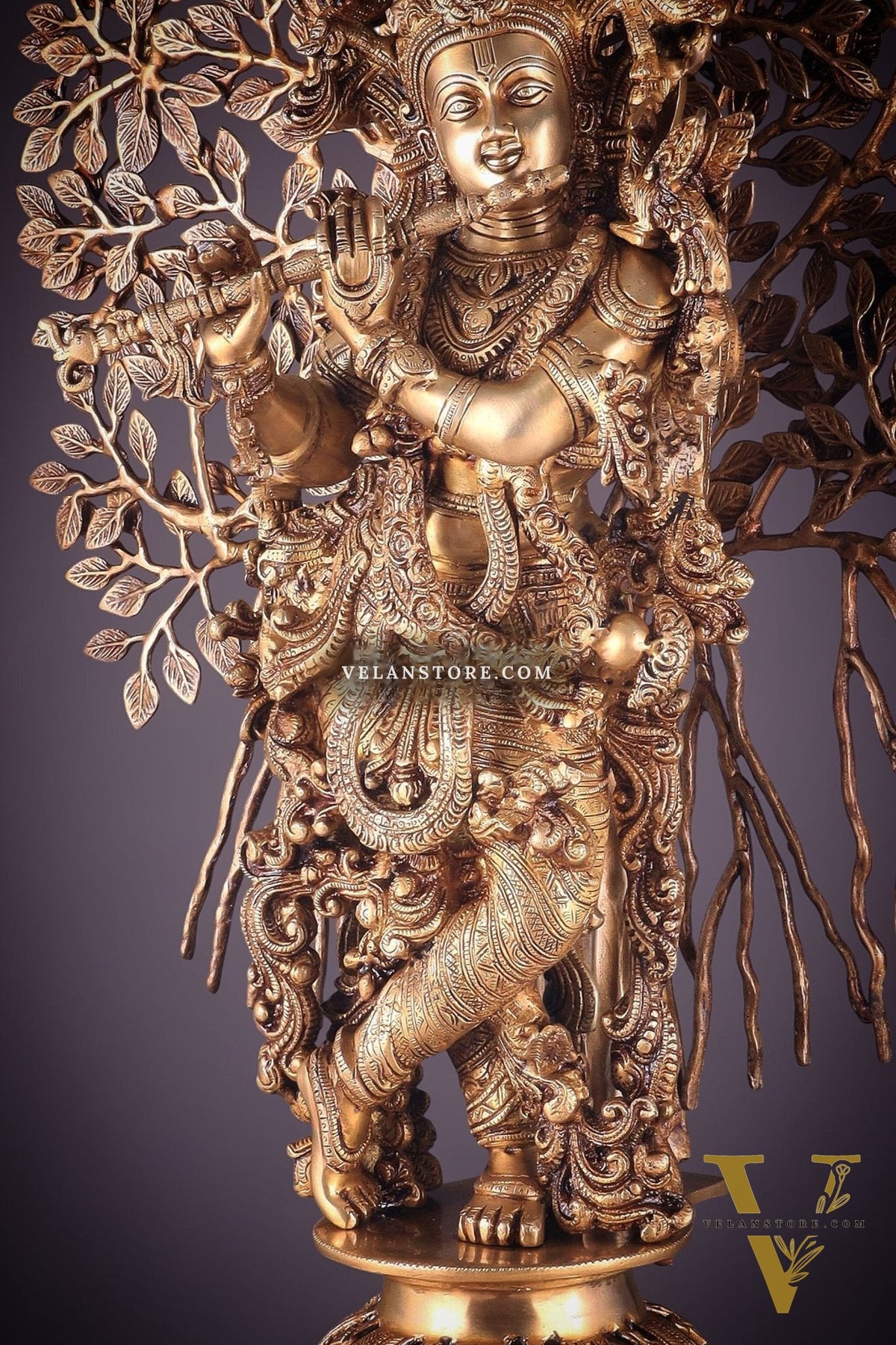 Handcrafted Brass Lord Krishna with Kalpavriksha Statue - 36 inch shiny gold