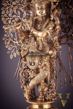 Handcrafted Brass Lord Krishna with Kalpavriksha Statue - 36 inch shiny gold