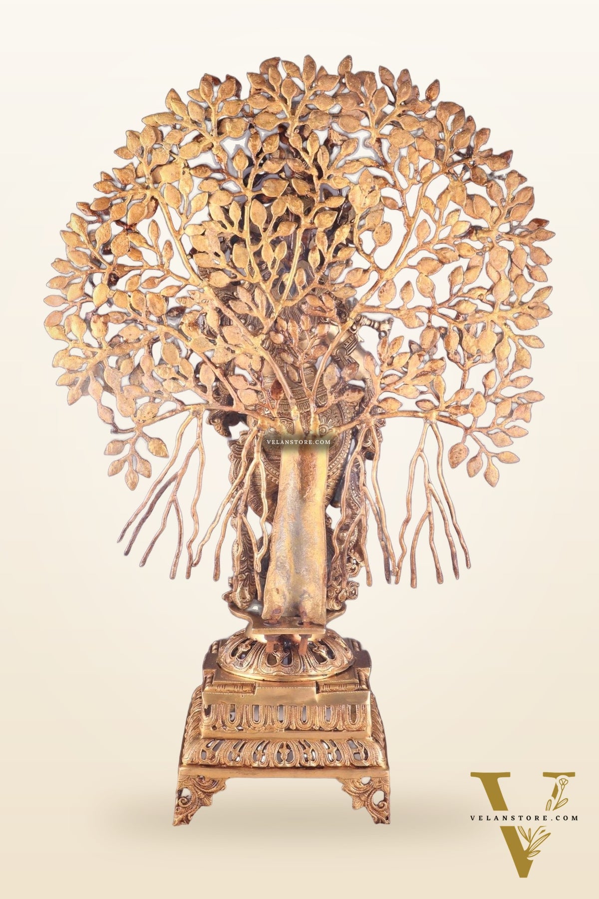 Handcrafted Brass Lord Krishna with Kalpavriksha Statue - 36 inch shiny gold