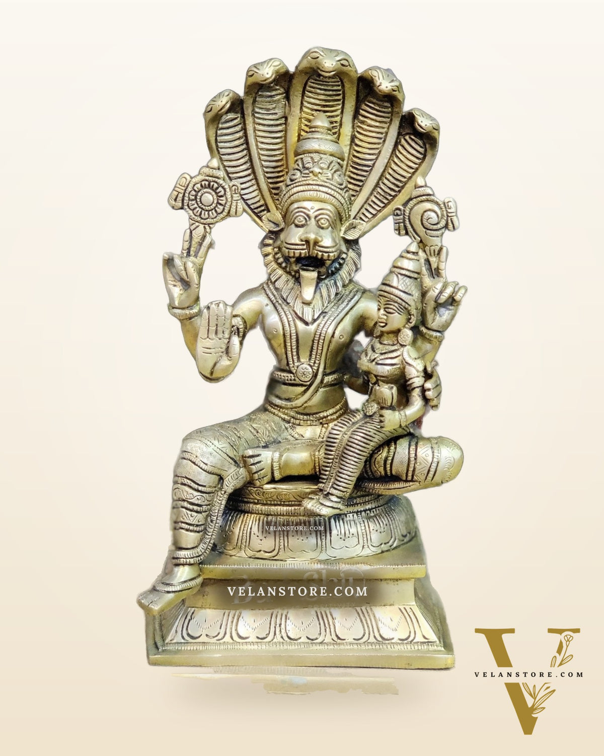 Handcrafted Brass Lord Narasimha with Goddess Lakshmi - 12.5" Height