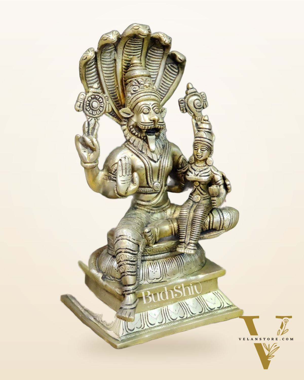 Handcrafted Brass Lord Narasimha with Goddess Lakshmi - 12.5" Height