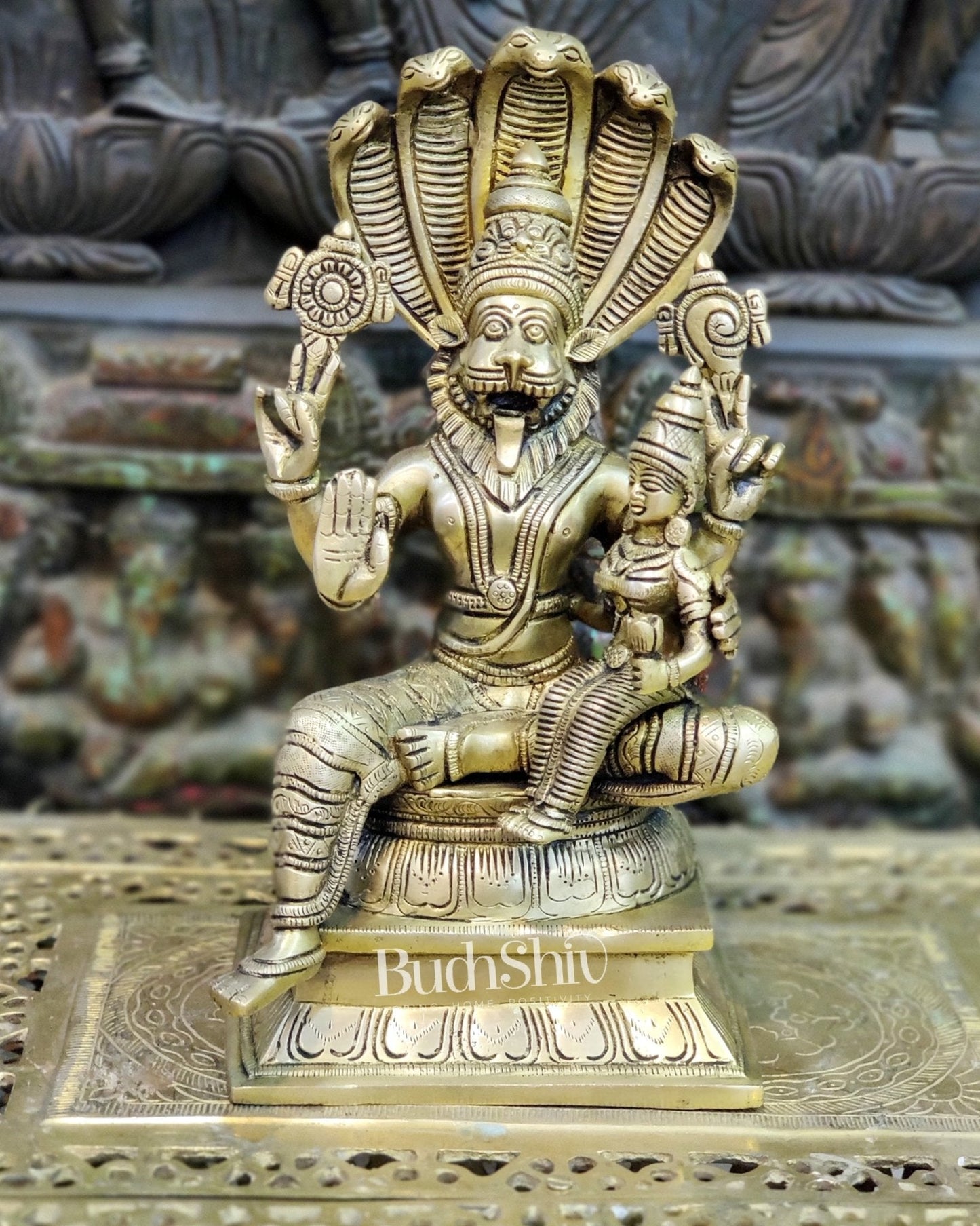 Handcrafted Brass Lord Narasimha with Goddess Lakshmi - 12.5" Height