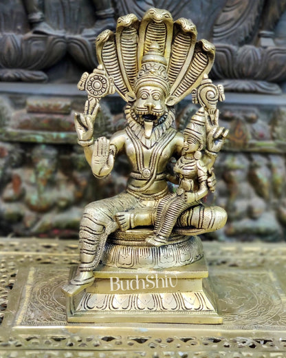 Handcrafted Brass Lord Narasimha with Goddess Lakshmi - 12.5" Height