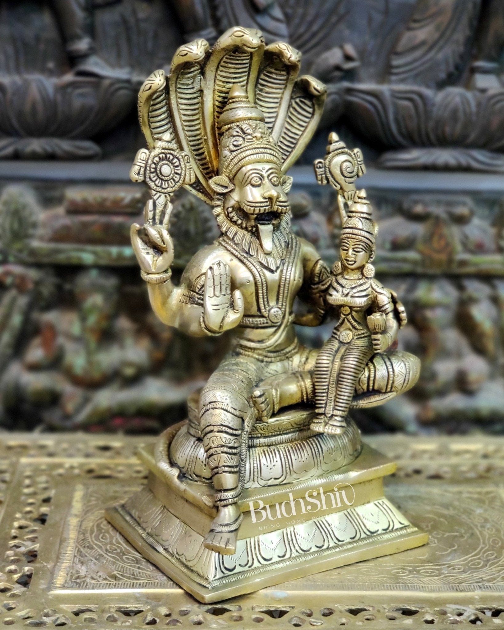 Handcrafted Brass Lord Narasimha with Goddess Lakshmi - 12.5" Height