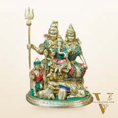 Handcrafted Brass Lord Shiva Parivaar Idol 9.5" with stonework