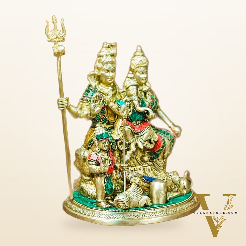 Handcrafted Brass Lord Shiva Parivaar Idol 9.5" with stonework