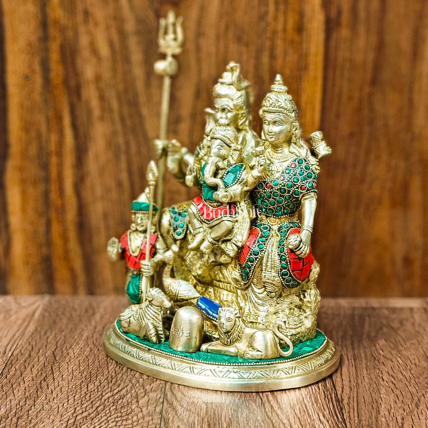 Handcrafted Brass Lord Shiva Parivaar Idol 9.5" with stonework