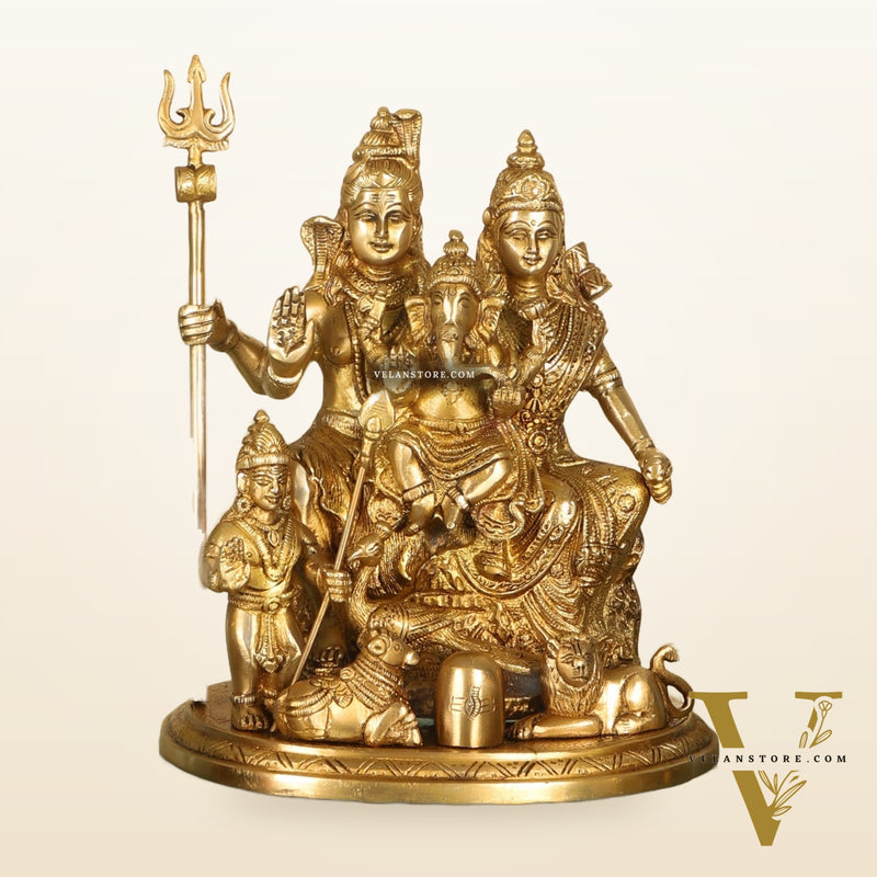 Handcrafted Brass Lord Shiva Parivaar Idol | Golden Finish | 9.5" Height