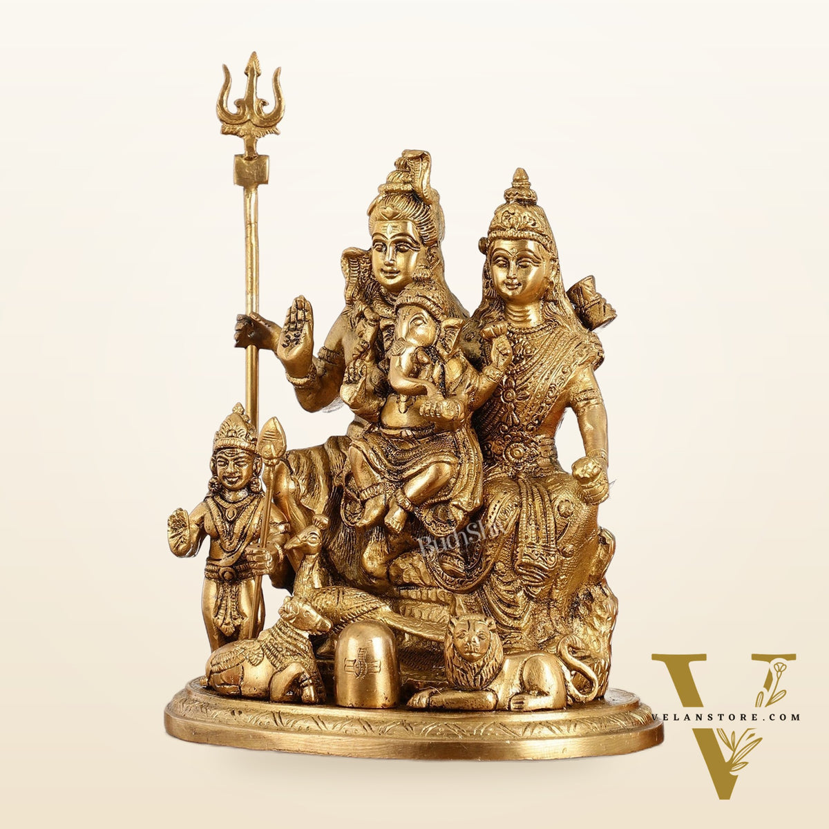 Handcrafted Brass Lord Shiva Parivaar Idol | Golden Finish | 9.5" Height