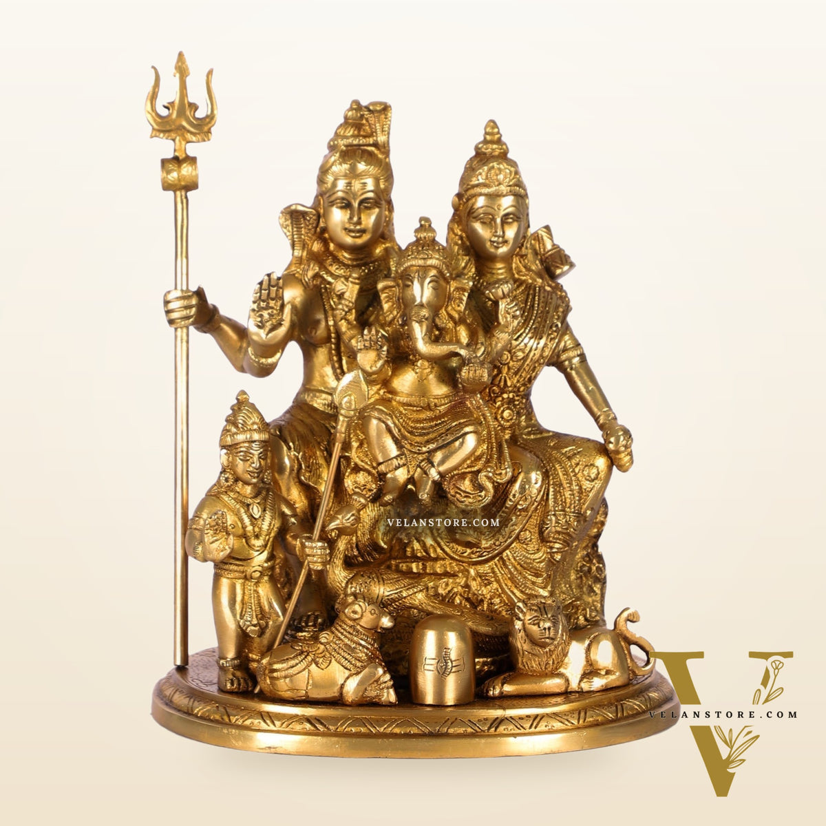 Handcrafted Brass Lord Shiva Parivaar Idol | Golden Finish | 9.5" Height