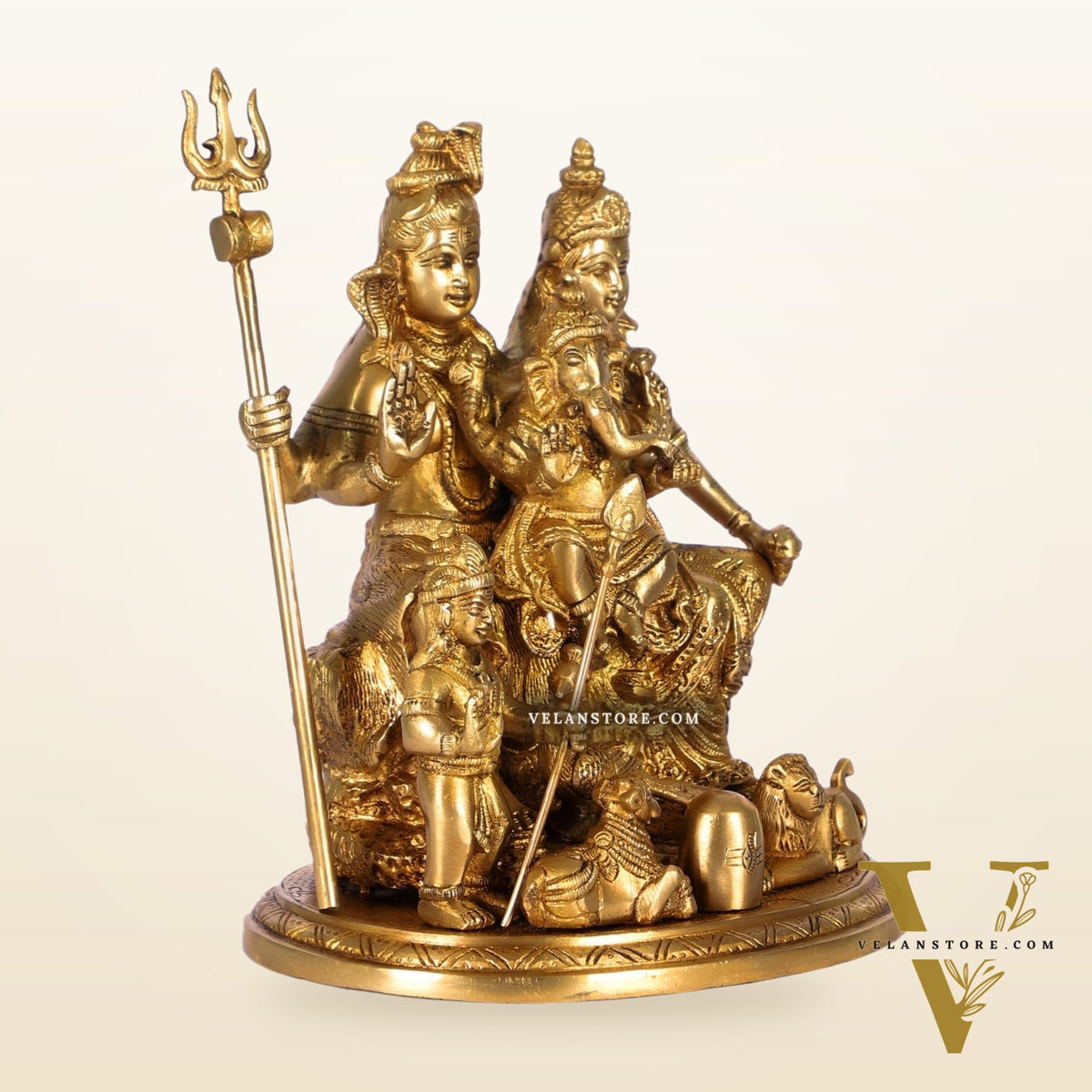 Handcrafted Brass Lord Shiva Parivaar Idol | Golden Finish | 9.5" Height