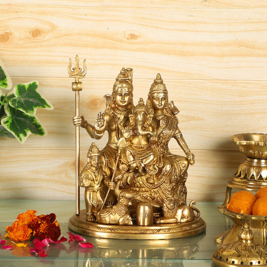 Handcrafted Brass Lord Shiva Parivaar Idol | Golden Finish | 9.5" Height