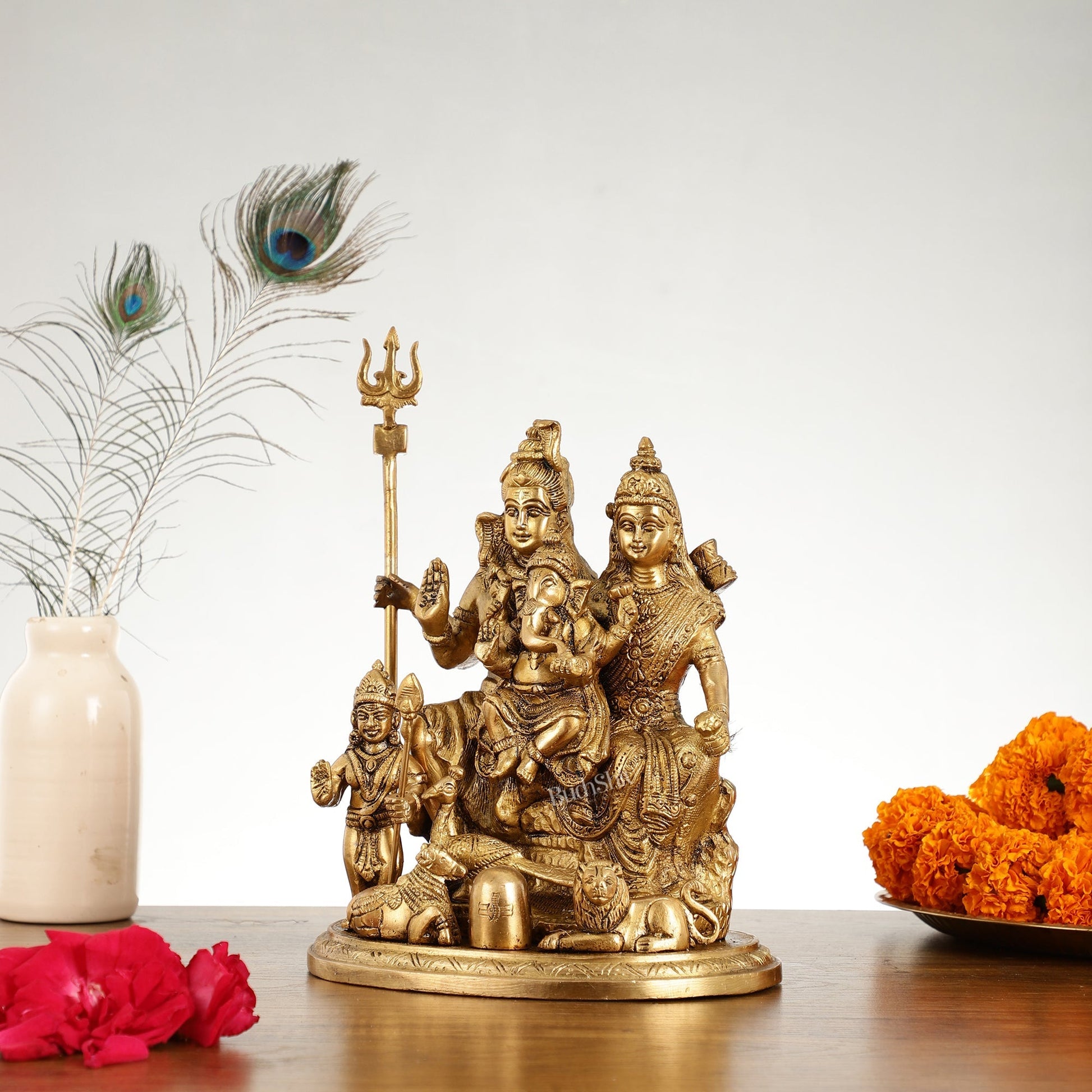Handcrafted Brass Lord Shiva Parivaar Idol | Golden Finish | 9.5" Height