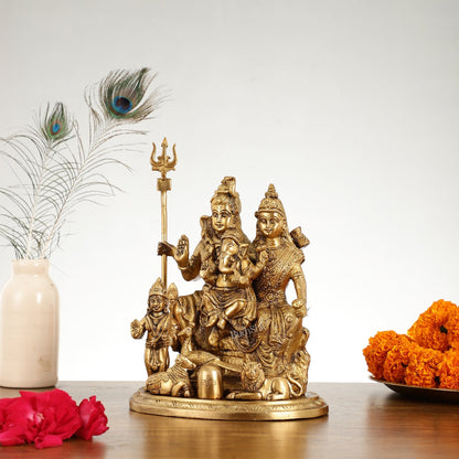 Handcrafted Brass Lord Shiva Parivaar Idol | Golden Finish | 9.5" Height
