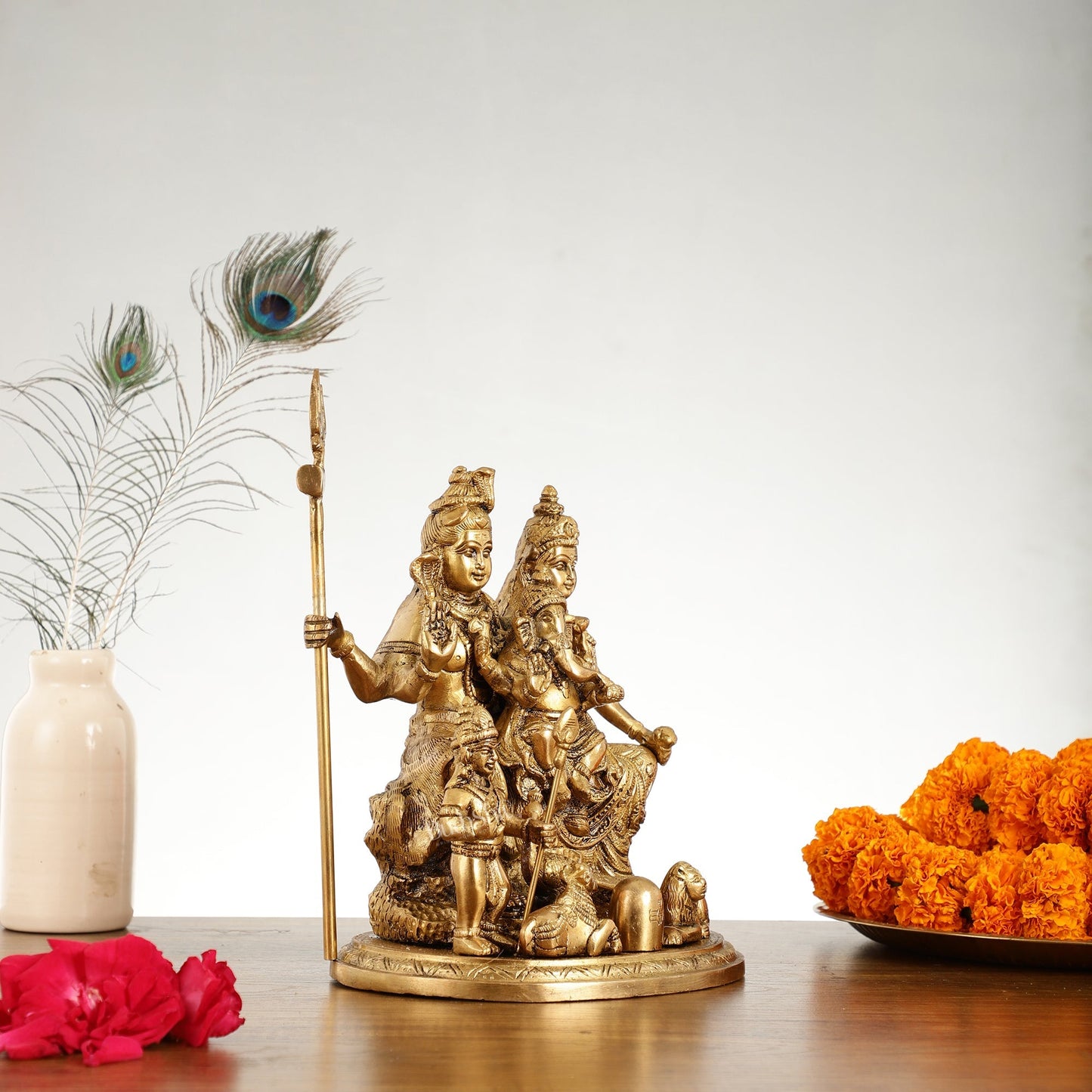 Handcrafted Brass Lord Shiva Parivaar Idol | Golden Finish | 9.5" Height