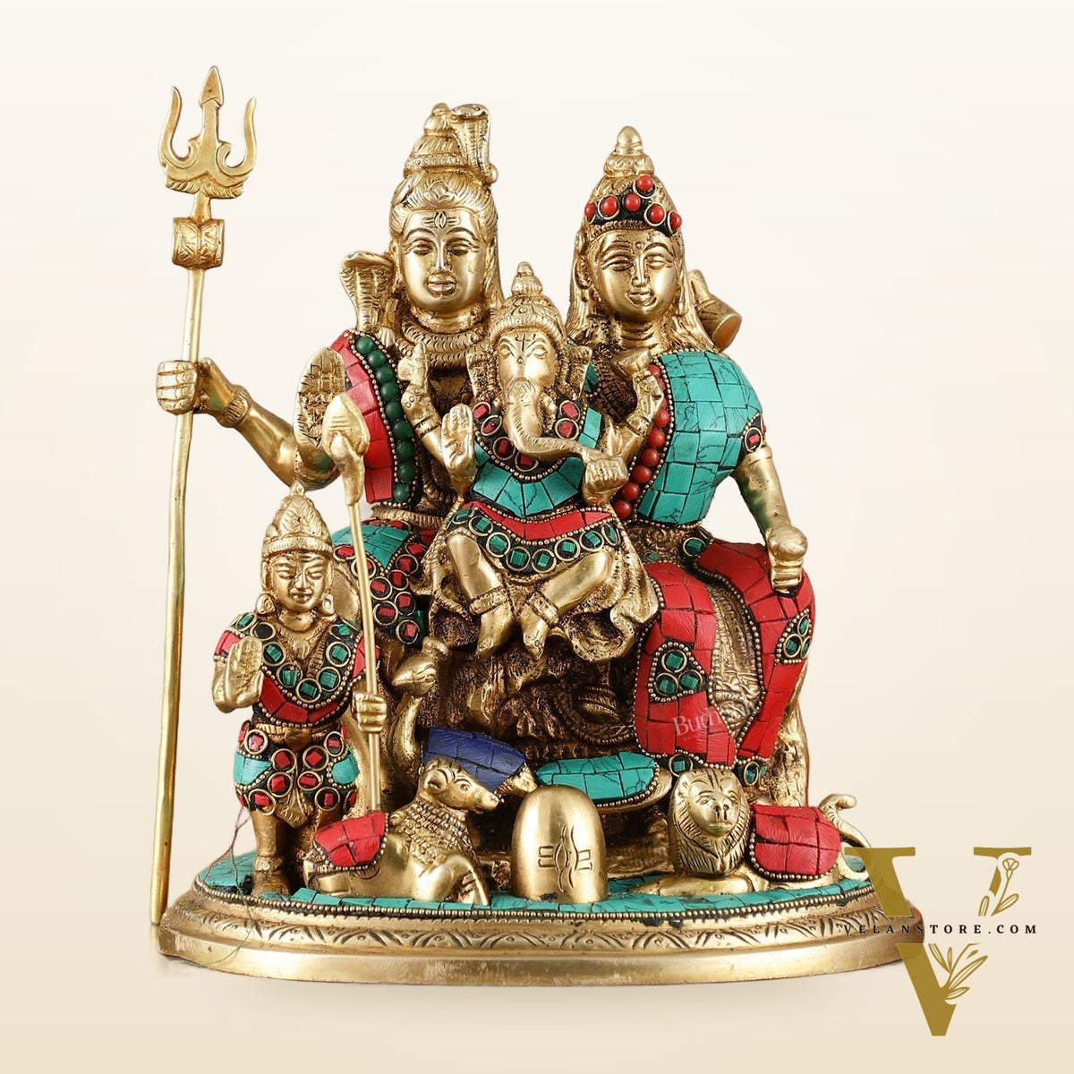 Handcrafted Brass Lord Shiva Parivaar Idol stonework 9.5 inches