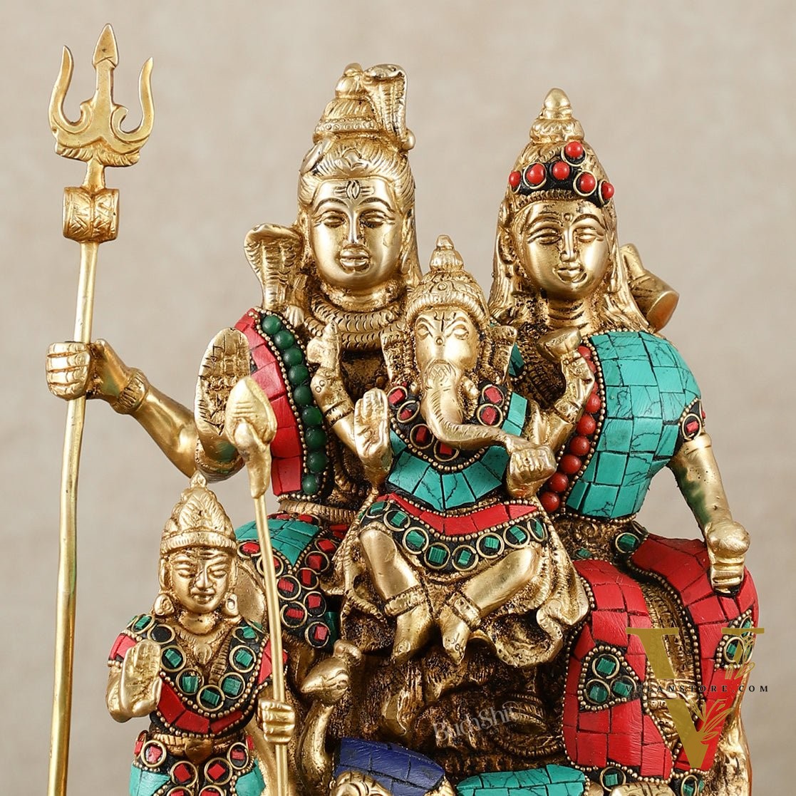 Handcrafted Brass Lord Shiva Parivaar Idol stonework 9.5 inches
