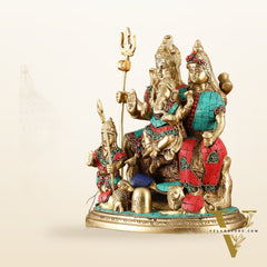 Handcrafted Brass Lord Shiva Parivaar Idol stonework 9.5 inches
