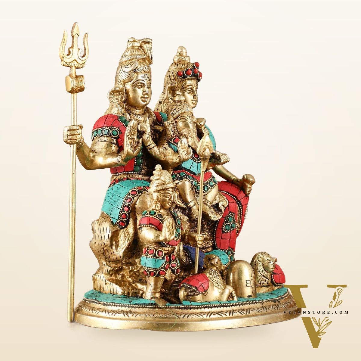 Handcrafted Brass Lord Shiva Parivaar Idol stonework 9.5 inches