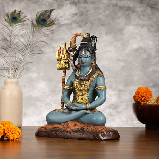 Handcrafted Brass Lord Shiva Statue hand painted| Height 10.5 "