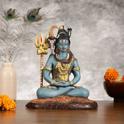 Handcrafted Brass Lord Shiva Statue hand painted| Height 10.5 "