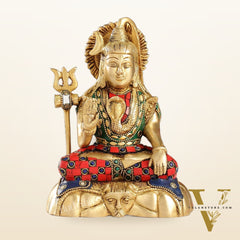 Handcrafted Brass Lord Shiva Statue in Blessing Pose with Stonework | 7" Height