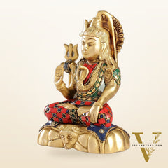Handcrafted Brass Lord Shiva Statue in Blessing Pose with Stonework | 7" Height