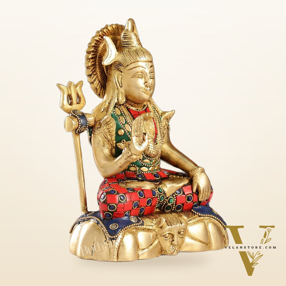 Handcrafted Brass Lord Shiva Statue in Blessing Pose with Stonework | 7" Height