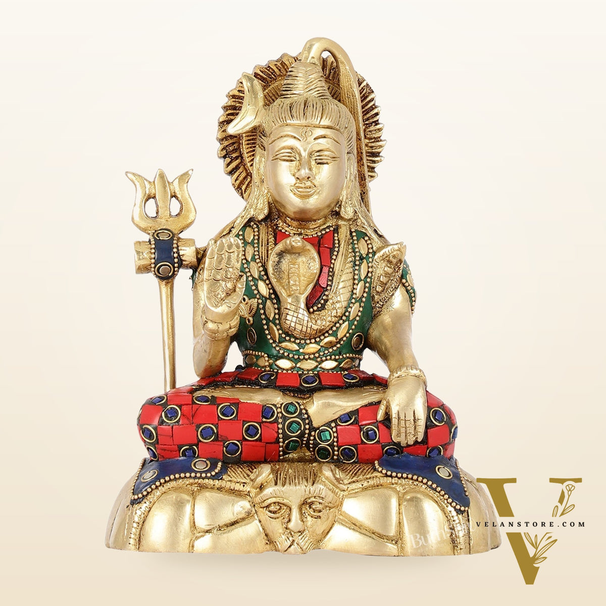 Handcrafted Brass Lord Shiva Statue in Blessing Pose with Stonework | 7" Height