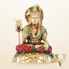 Handcrafted Brass Lord Shiva Statue in Blessing Pose with Stonework | 7" Height
