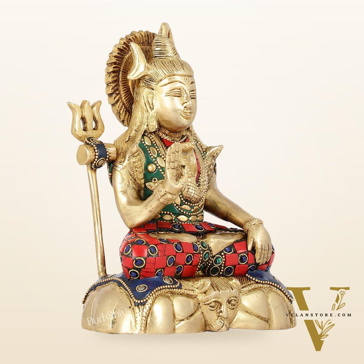 Handcrafted Brass Lord Shiva Statue in Blessing Pose with Stonework | 7" Height