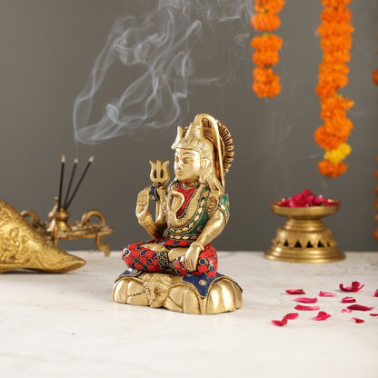 Handcrafted Brass Lord Shiva Statue in Blessing Pose with Stonework | 7" Height