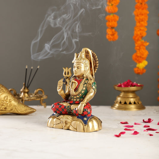 Handcrafted Brass Lord Shiva Statue in Blessing Pose with Stonework | 7" Height