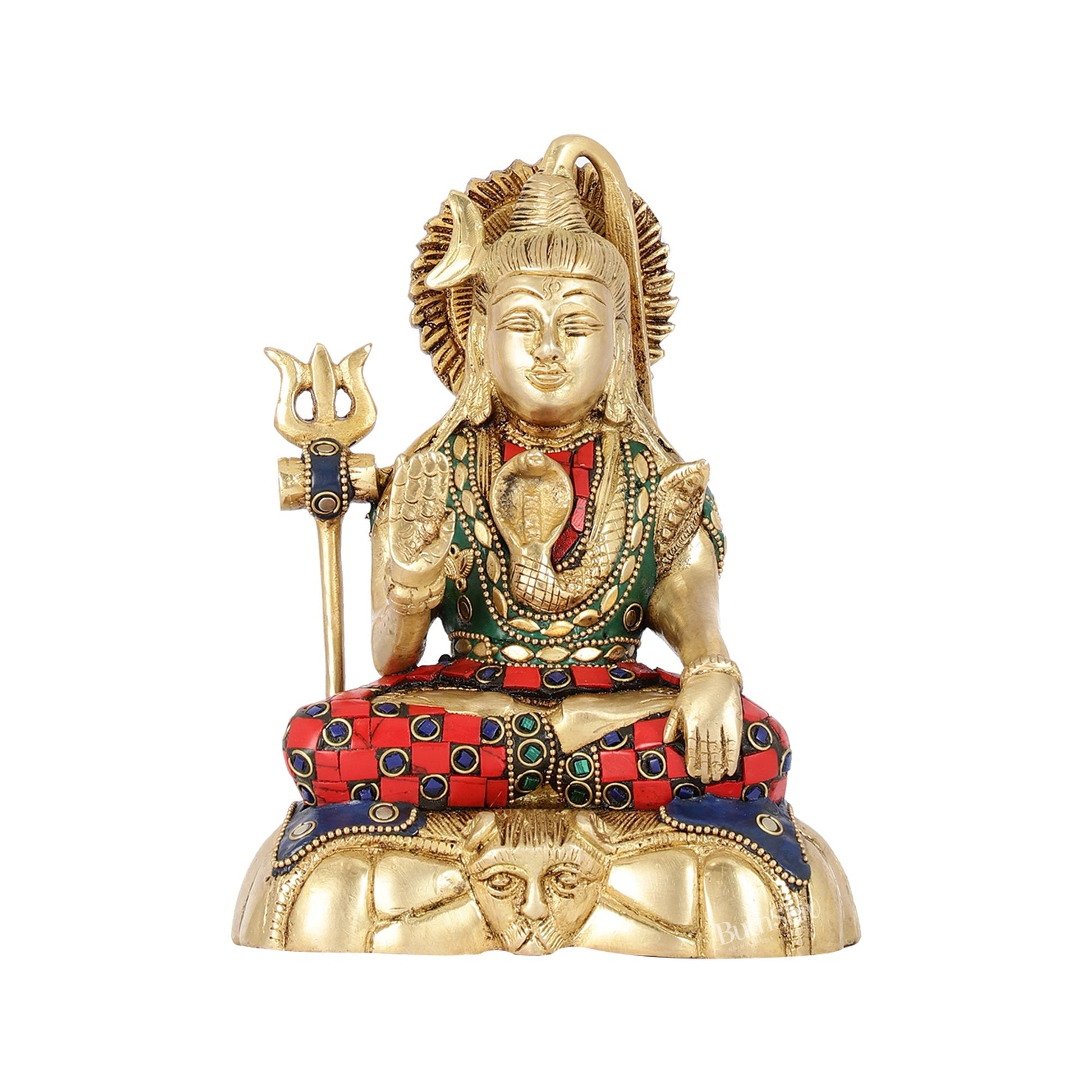 Handcrafted Brass Lord Shiva Statue in Blessing Pose with Stonework | 7" Height