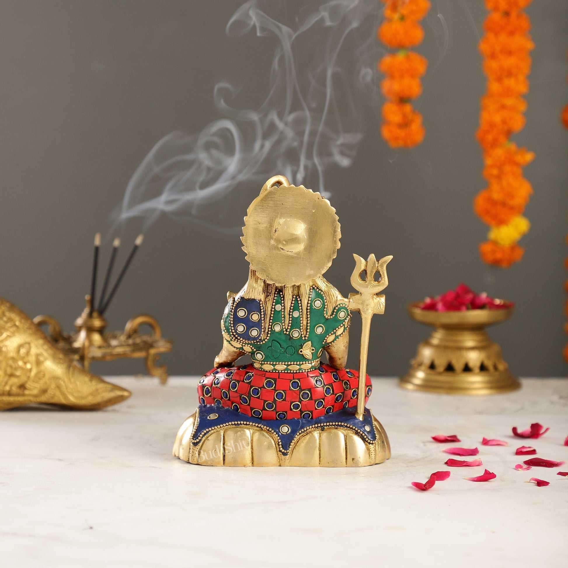 Handcrafted Brass Lord Shiva Statue in Blessing Pose with Stonework | 7" Height
