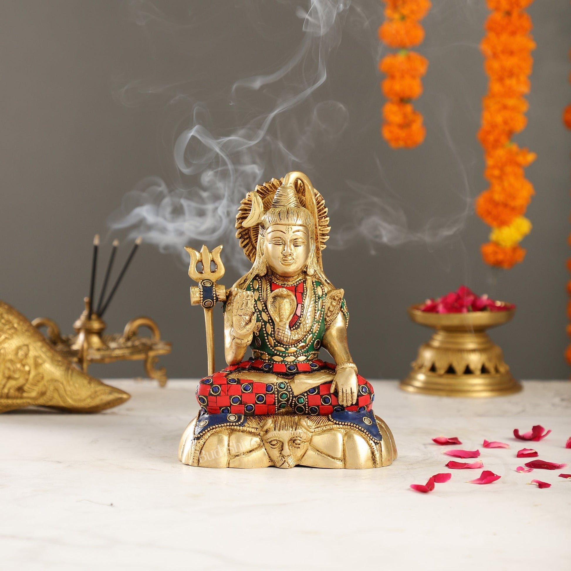 Handcrafted Brass Lord Shiva Statue in Blessing Pose with Stonework | 7" Height