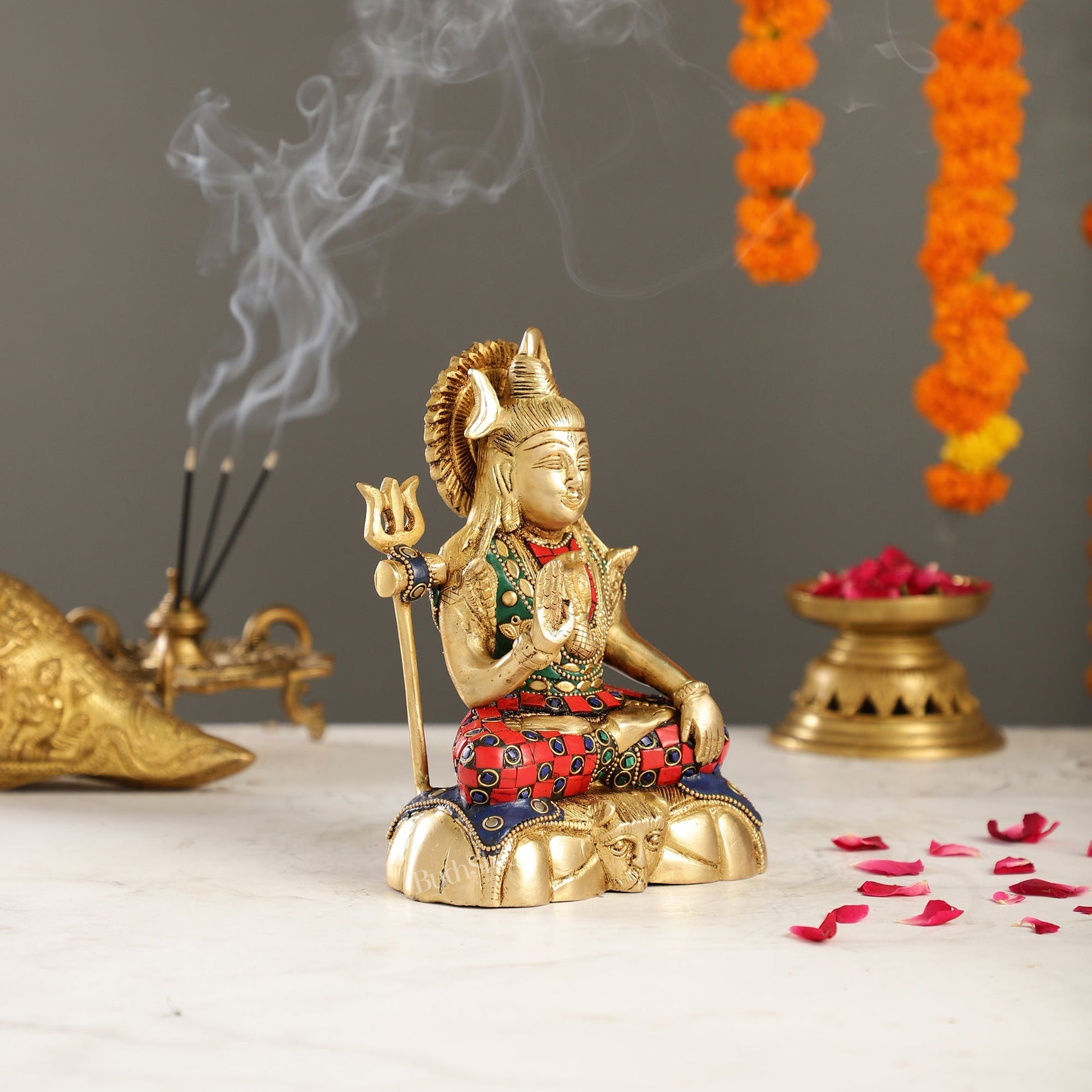 Handcrafted Brass Lord Shiva Statue in Blessing Pose with Stonework | 7" Height